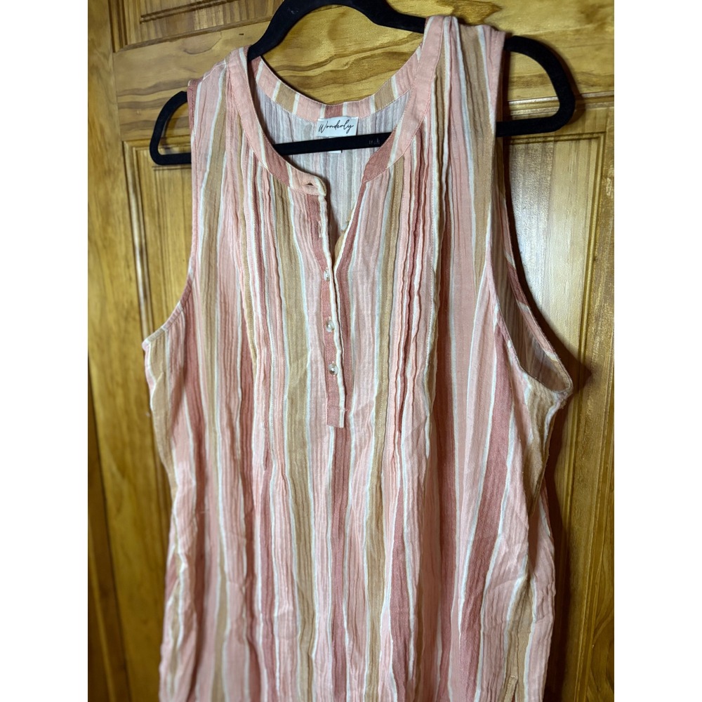 Wonderly Pink Striped 100% Cotton Gauze Sleeveless Henley Shift Dress XXL Womens - Picture 3 of 6